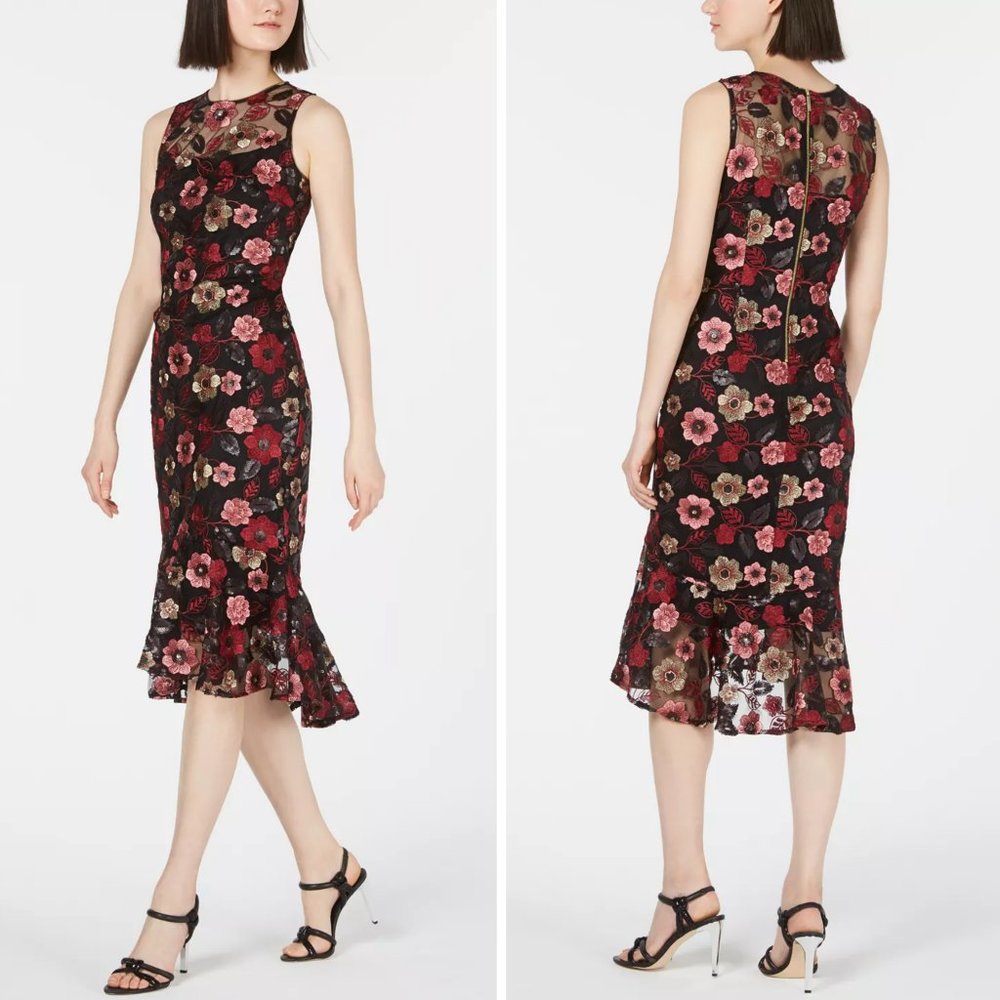 Calvin Klein Black Floral Lace Midi Dress with Pink and Burgundy Blooms